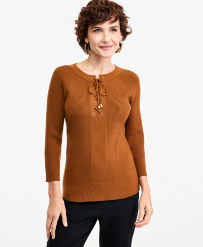 Jm Collection Women's Ribbed Lace-up Sweater, Macy's Exclusive In Burgundy