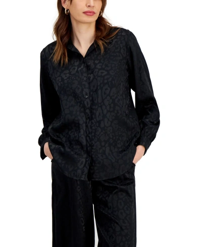 Jm Collection Women's Satin Long Sleeve Button-front Shirt, Created For Macy's In Deep Black