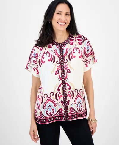 Jm Collection Women's Satin Printed Short-sleeve Button Top, Exclusively At Macy's In Multi