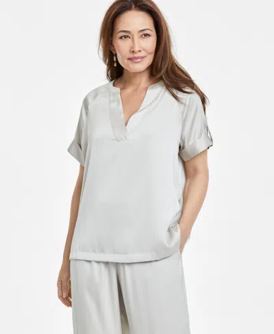 Jm Collection Women's Satin Split-neck Short-sleeve Top, Exclusively At Macy's In Stonewall