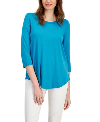 Jm Collection Women's Satin-trim 3/4 Sleeve Knit Top, Created For Macy's In Seafrost