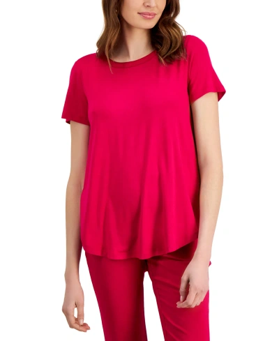 Jm Collection Plus Size Satin Trim Neck Short-sleeve Top, Created For Macy's In Claret Rose Combo