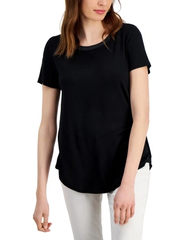 Jm Collection Women's Satin-trim Knit Short-sleeve Top, Created For Macy's In Deep Black