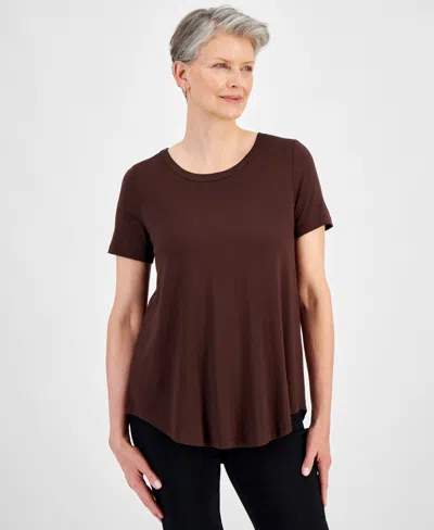 Jm Collection Women's Satin-trim Knit Short-sleeve Top, Created For Macy's In Firewood