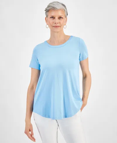 Jm Collection Women's Satin-trim Knit Short-sleeve Top, Created For Macy's In Icicle Blue
