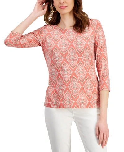 Jm Collection Women's Scoop Neck 3/4 Sleeve Printed Jacquard Top, Created For Macy's In Burnt Brick Combo