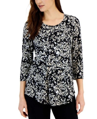 Jm Collection Women's Scoop Neck 3/4 Sleeve Printed Knit Top, Created For Macy's In Deep Black Combo