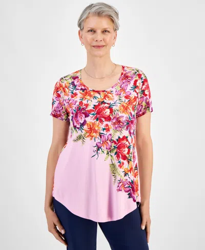 Jm Collection Women's Scoop-neck Short-sleeve Printed Knit Top, Created For Macy's In Blosom Berry Combo
