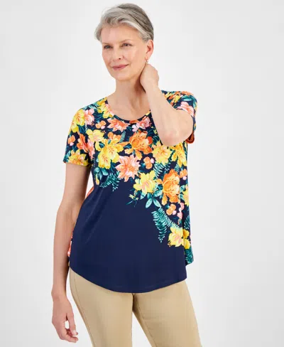 Jm Collection Women's Scoop-neck Short-sleeve Printed Knit Top, Created For Macy's In Intrepid Blue Combo