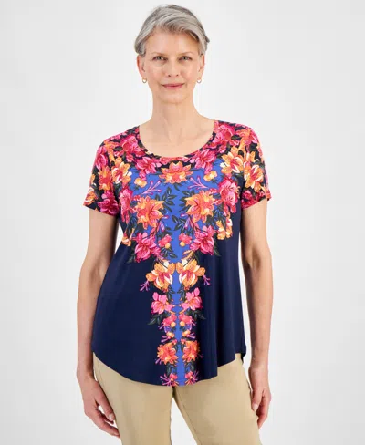 Jm Collection Women's Scoop-neck Short-sleeve Printed Knit Top, Created For Macy's In Intrepid Blue Combo