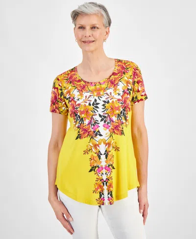 Jm Collection Women's Scoop-neck Short-sleeve Printed Knit Top, Created For Macy's In Lemon Wedge Combo