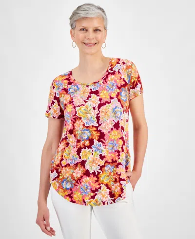 Jm Collection Women's Scoop-neck Short-sleeve Printed Knit Top, Created For Macy's In Ruby Slippers Combo