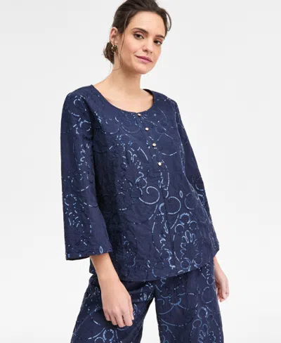 Jm Collection Women's Sequin Eyelet 3/4-sleeve Top, Macy's Exclusive In Blue