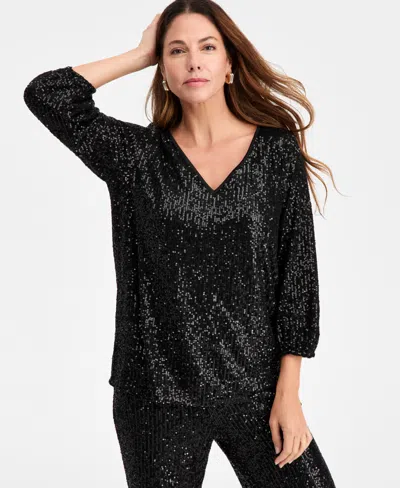 Jm Collection Women's Sequinned 3/4-sleeve Top, Macy's Exclusive In Black