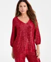 Jm Collection Women's Sequinned 3/4-sleeve Top, Macy's Exclusive In Red