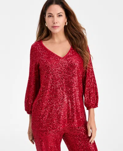 Jm Collection Women's Sequinned 3/4-sleeve Top, Macy's Exclusive In Red