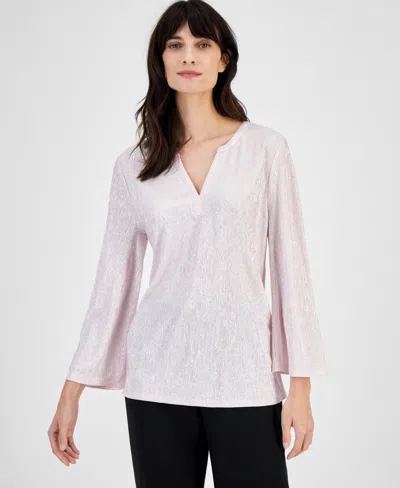 Jm Collection Women's Shine 3/4 Sleeve Plisse Split-neck Top, Created For Macy's In Lilac Sky