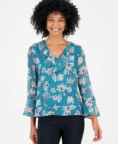 Jm Collection Women's Shine Floral V-neck Bell Sleeves Printed Blouse, Macy's Exclusive In Blue