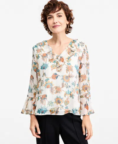 Jm Collection Women's Shine Floral V-neck Bell Sleeves Printed Blouse, Macy's Exclusive In Multi