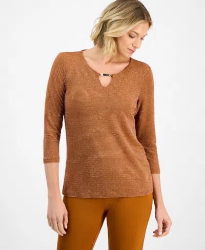 Jm Collection Women's Shine Striped Keyhole Top, Macy's Exclusive In Brown