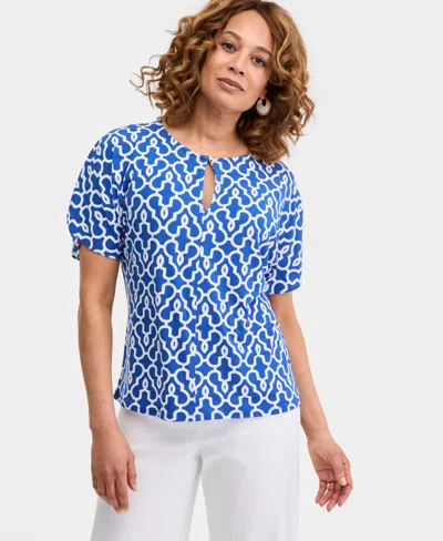 Jm Collection Women's Short Dolman Sleeve Printed Keyhole Knit Top, Macy's Exclusive In Blue