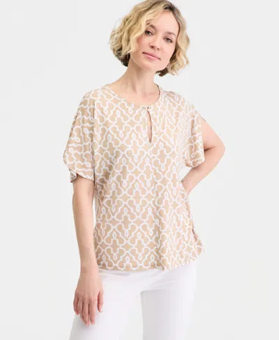 Jm Collection Womens Short Dolman Sleeve Printed Keyhole Knit Top Macys Exclusive In Neutral