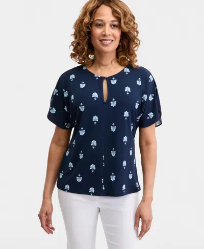 Jm Collection Womens Short Dolman Sleeve Printed Keyhole Knit Top Macys Exclusive In Blue