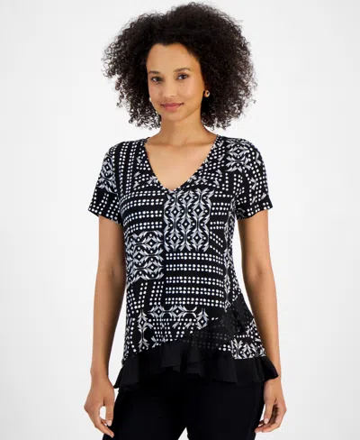 Jm Collection Women's Short Sleeve Patchwork Ruffled Tee, Created For Macy's In Deep Black