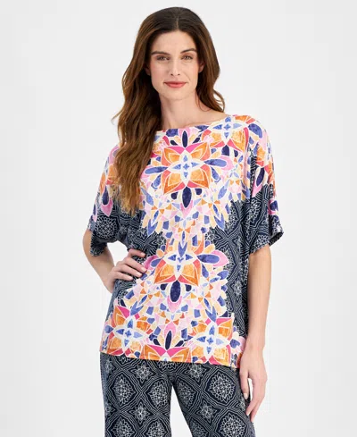 Jm Collection Women's Short-sleeve Printed Dolman-sleeve Top, Created For Macy's In Intrepid Blue Combo