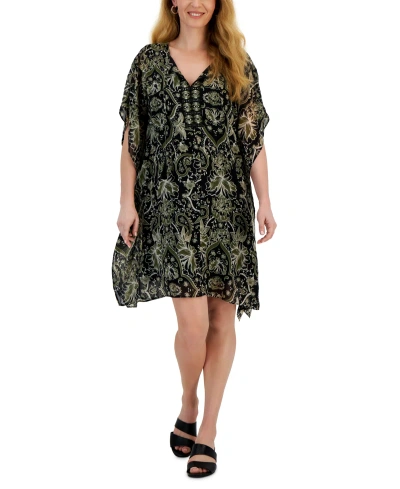 Jm Collection Women's Short Sleeve Printed Embellished Caftan Dress, Created For Macy's In Deep Black Combo