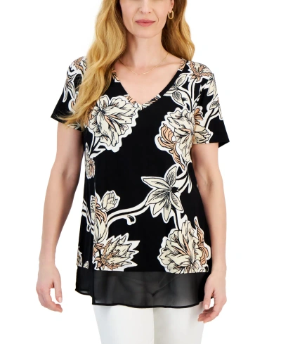 Jm Collection Women's Printed Short Sleeve Scoop Neck Twofer Top, Created For Macy's In Deep Black Combo