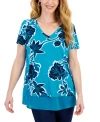 JM COLLECTION WOMEN'S PRINTED SHORT SLEEVE SCOOP NECK TWOFER TOP, CREATED FOR MACY'S