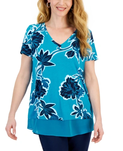 Jm Collection Women's Printed Short Sleeve Scoop Neck Twofer Top, Created For Macy's In Seafrost Combo