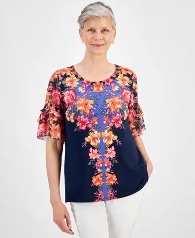 Jm Collection Women's Short-sleeve Printed Ruffled-cuff Top, Created For Macy's In Intrepid Blue Combo
