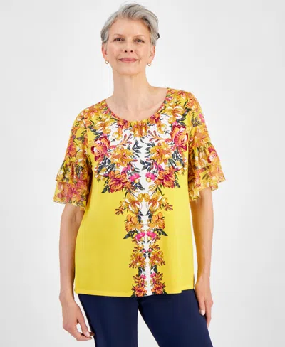 Jm Collection Women's Short-sleeve Printed Ruffled-cuff Top, Created For Macy's In Lemon Wedge Combo