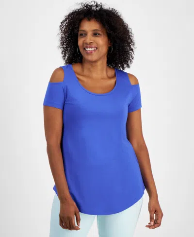 Jm Collection Women's Short Sleeve Scoop-neck Cold-shoulder Top, Created For Macy's In Demure Blue