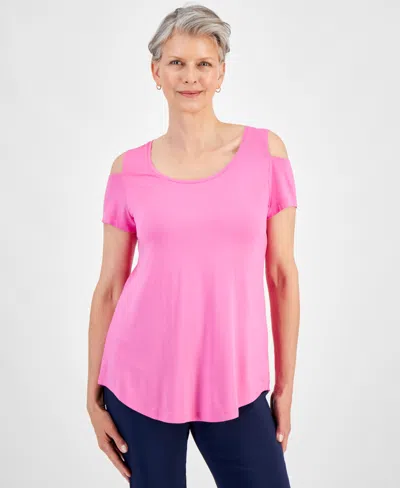 Jm Collection Women's Short Sleeve Scoop-neck Cold-shoulder Top, Created For Macy's In Phlox Pink