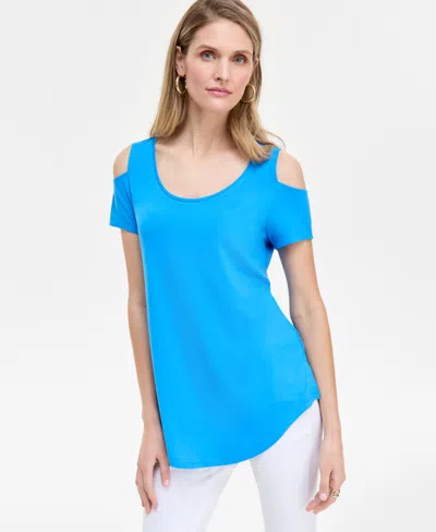 Jm Collection Women's Short Sleeve Scoop-neck Cold-shoulder Top, Created For Macy's In Spa Blue