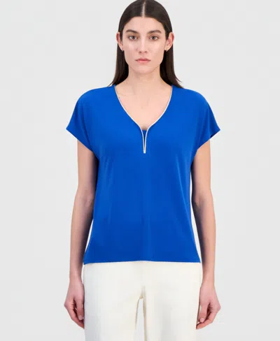 Jm Collection Women's Short-sleeve Lurex-knit Top, Macy's Exclusive In Blue