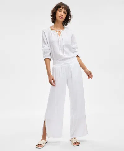 Jm Collection Women's Side-slit Wide-leg Drawstring Pants, Exclusively At Macy's In Bright White