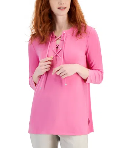 Jm Collection Women's Solid 3/4 Sleeve Lace-up Knit Top, Created For Macy's In Bright Pink
