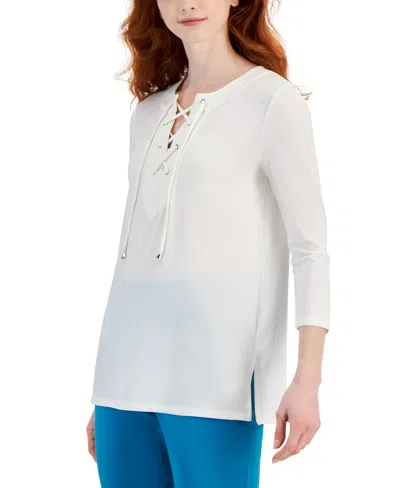 Jm Collection Women's Solid 3/4 Sleeve Lace-up Knit Top, Created For Macy's In Bright White