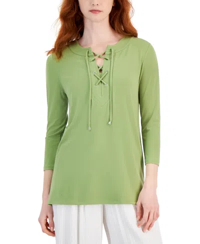 Jm Collection Women's Solid 3/4 Sleeve Lace-up Knit Top, Created For Macy's In Luau Green