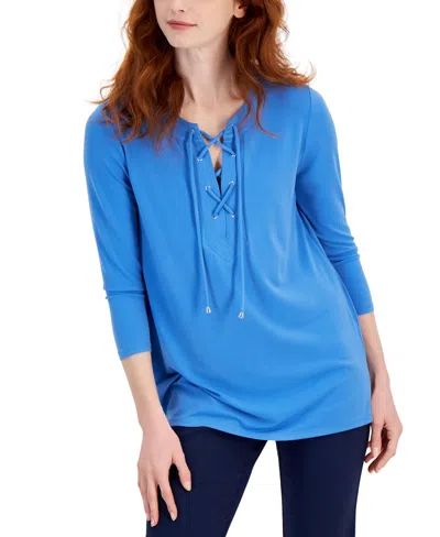 Jm Collection Women's Solid 3/4 Sleeve Lace-up Knit Top, Created For Macy's In Watery Blue
