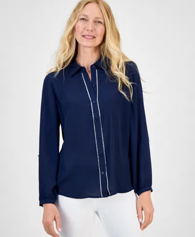 Jm Collection Women's Solid Embellished Button Blouse, Exclusively At Macy's