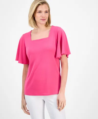 Jm Collection Women's Solid Flutter-sleeve Square Neck Crepe Top, Exclusively At Macy's