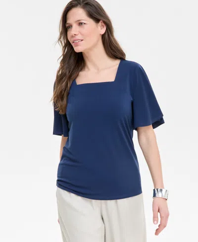 Jm Collection Women's Solid Flutter-sleeve Square Neck Crepe Top, Exclusively At Macy's In Blue