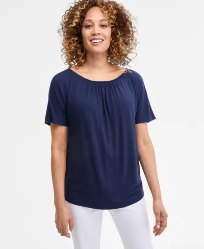 Jm Collection Women's Solid Pleat Neck Short-sleeve Top, Exclusively At Macy's