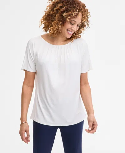 Jm Collection Women's Solid Pleat Neck Short-sleeve Top, Exclusively At Macy's In Brown