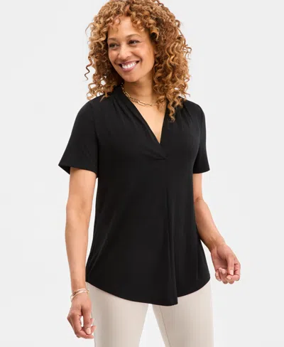 Jm Collection Women's Solid Short-sleeve V-neck Knit Top, Macy's Exclusive In Black